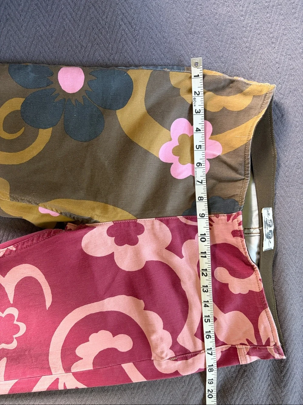 We The Free Floral Print Two-Tone Bell Bottom Pants in Pink and Olive